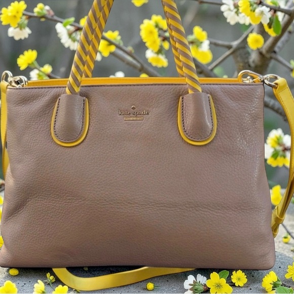 Kate Spade Woods Drive Leather Satchel Taupe Yellow Braided Handle Storybook - Picture 2 of 6